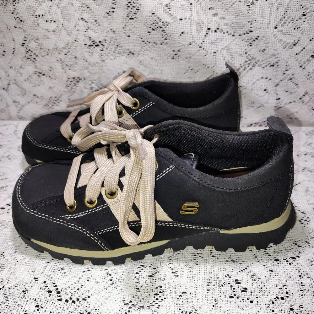 Skechers Women's 5.5 Casual Lace Up Sneakers Black Leather Beige - Picture 5 of 8